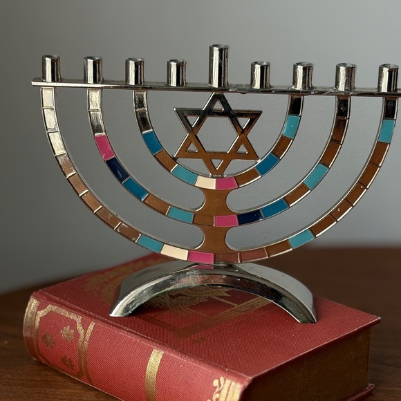 Silver-Tone Enamel Menorah with Multicolor Inlays - Picture 3 of 15